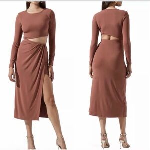 Astr Long Sleeve Cut-Out Dress in Tan